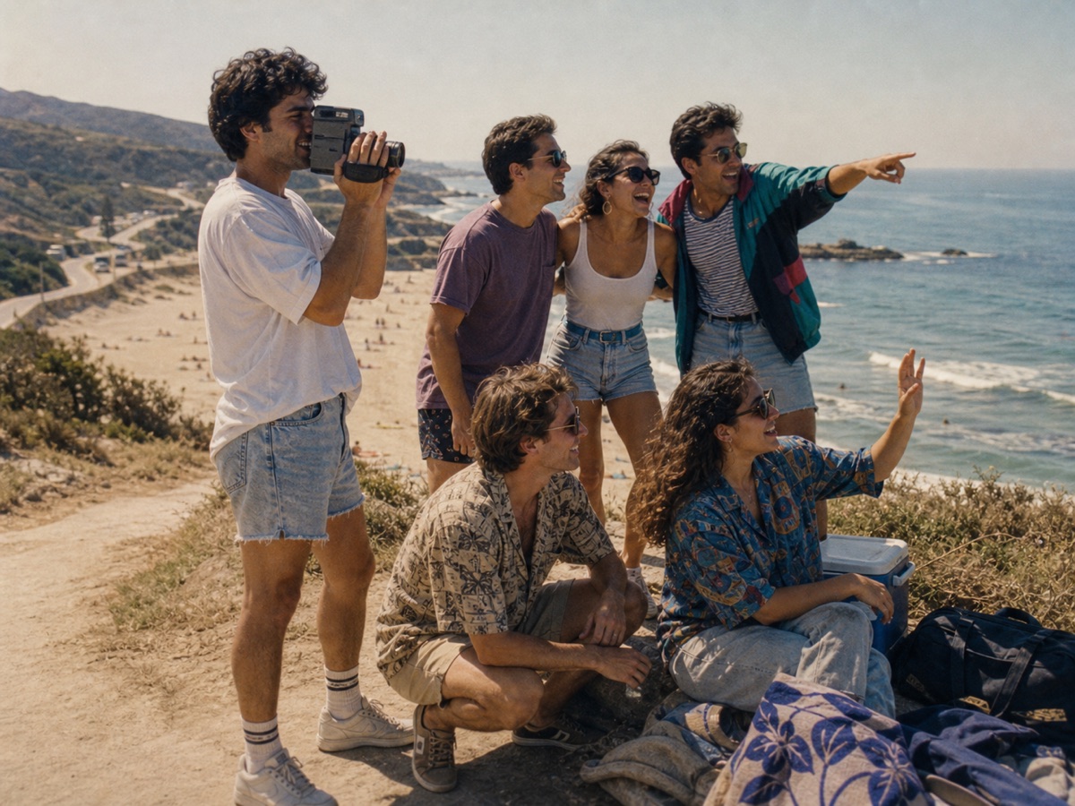 Friends at the beach filmed on a camcorder, 1987