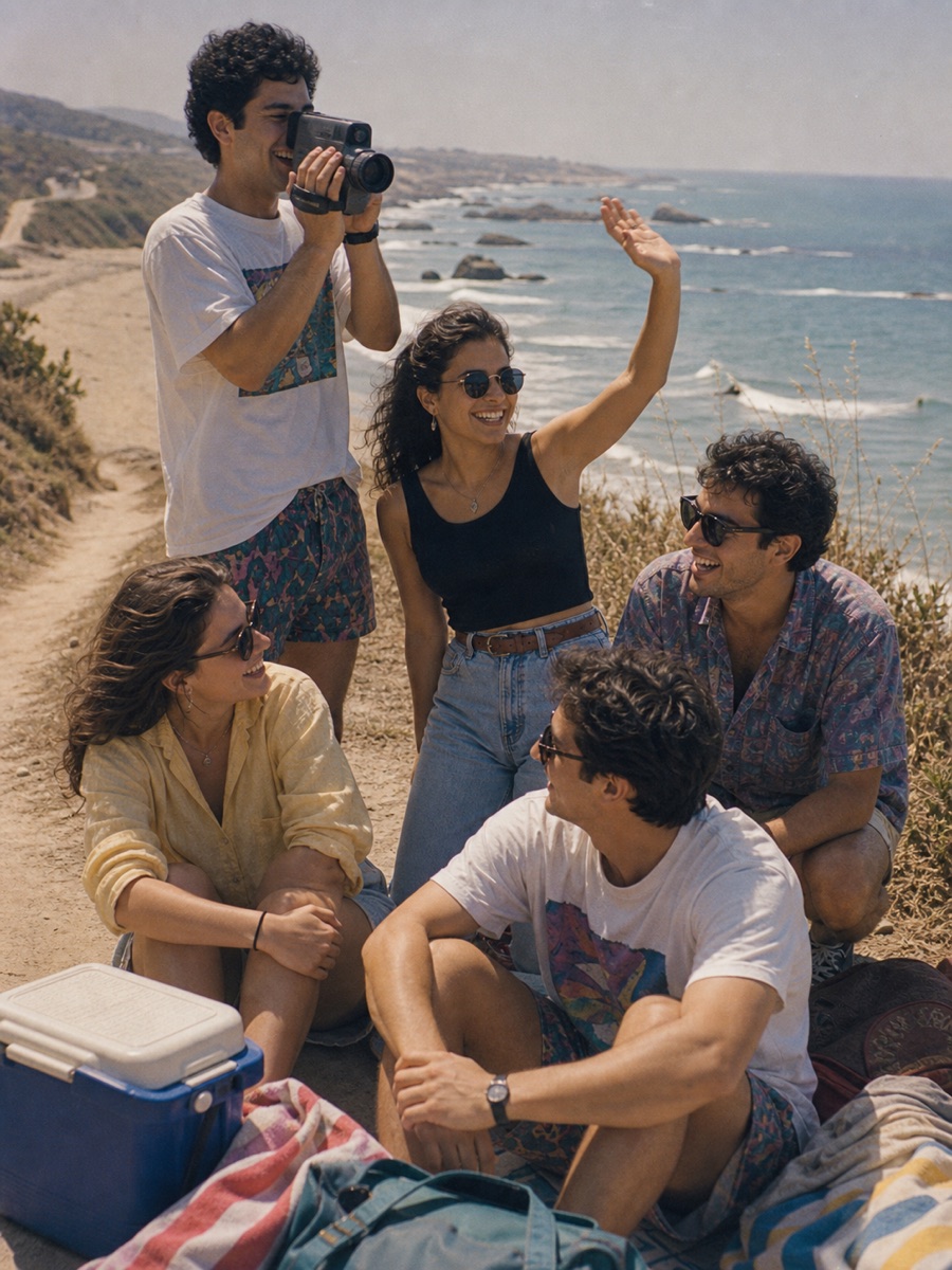 Friends at the beach filmed on a camcorder, 1987
